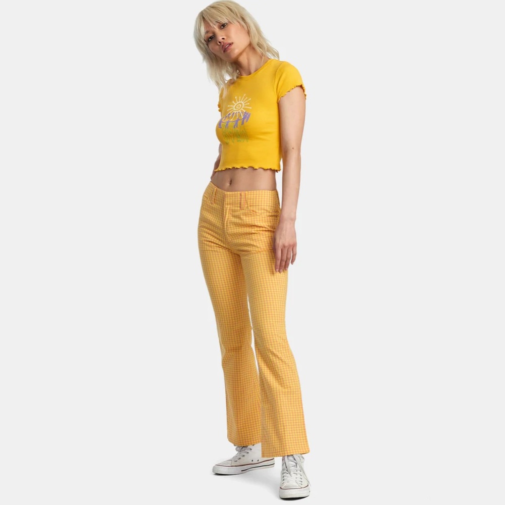 RVCA Kennedy Cropped Flare Pants in Pink and Yellow Gingham